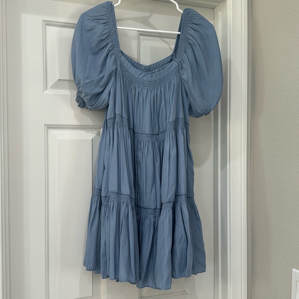 Blue flowy short dress with hidden shorts